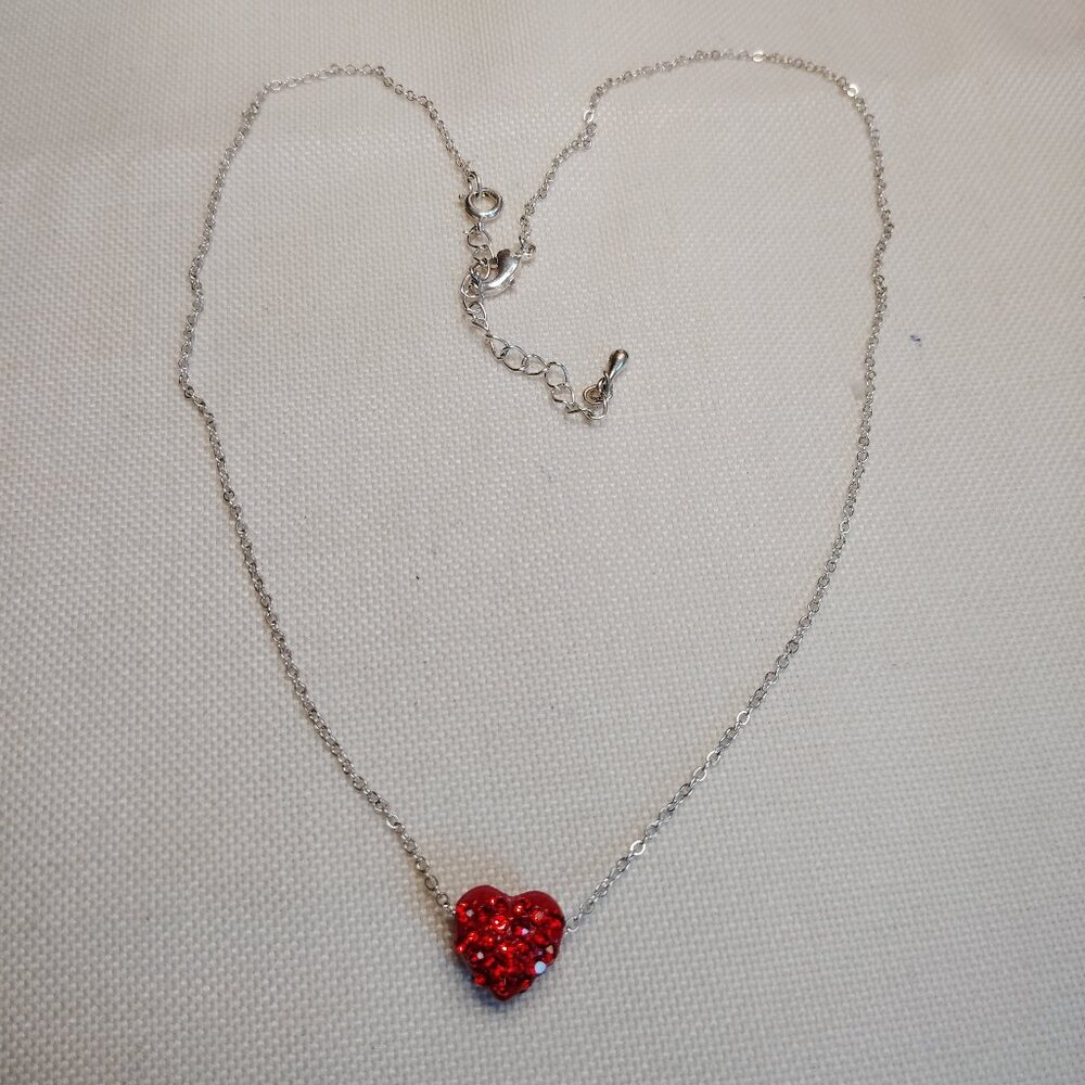 Silver Tone Red Heart Necklace with Faceted Crystals, 18" Chain with Extender